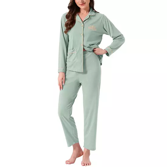 Women's Lounge Set Cotton Ribbed Button Up Long Sleeve Top Pants With Pocket Pajama Set Loungewear 9 Women's Lounge Set Cotton Ribbed Button Up Long Sleeve Top Pants With Pocket Pajama Set Loungewear - Image 9