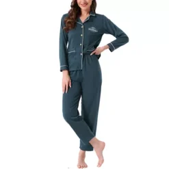 Women's Lounge Set Cotton Ribbed Button Up Long Sleeve Top Pants With Pocket Pajama Set Loungewear 17 Women's Lounge Set Cotton Ribbed Button Up Long Sleeve Top Pants With Pocket Pajama Set Loungewear -Fashion Clothing Store 7806832 Lake Blue