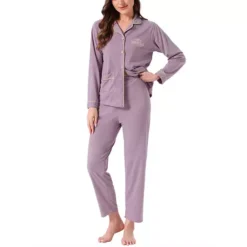 Women's Lounge Set Cotton Ribbed Button Up Long Sleeve Top Pants With Pocket Pajama Set Loungewear 16 Women's Lounge Set Cotton Ribbed Button Up Long Sleeve Top Pants With Pocket Pajama Set Loungewear -Fashion Clothing Store 7806832 Purple
