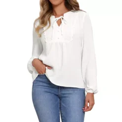 Long Sleeve Dressy Casual Blouse Tops For Women's Button Down V Neck Lace Fall Spring Shirts 12 Long Sleeve Dressy Casual Blouse Tops For Women's Button Down V Neck Lace Fall Spring Shirts -Fashion Clothing Store 7806840 White 1