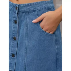 Women's Denim Skirt Button Down Front Slit High Waisted Pockets A Line Midi Jean Skirts -Fashion Clothing Store 7806860 ALT3