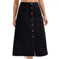 Women's Denim Skirt Button Down Front Slit High Waisted Pockets A Line Midi Jean Skirts -Fashion Clothing Store 7806860 Black