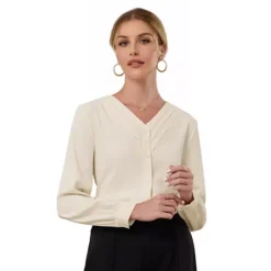 Women's Button Down Blouse Pleated V Neck Long Sleeve Business Casual Shirt Top