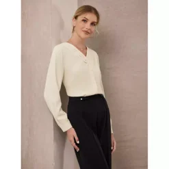 Women's Button Down Blouse Pleated V Neck Long Sleeve Business Casual Shirt Top -Fashion Clothing Store 7806870 ALT2