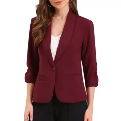 Work Blazer For Women Shawl Lapel 3/4 Sleeves Pocket Single Button Suit -Fashion Clothing Store 7806883 Burgundy 1