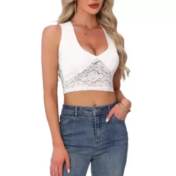 Floral Lace Sleeveless Top For Women's Deep V Neck Sheer Cropped Cami Tank Tops -Fashion Clothing Store 7806889 White
