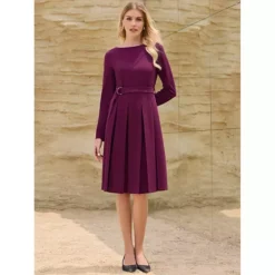 Women's Long Sleeve Pleated Dress Crew Neck Belted -Fashion Clothing Store 7807149 ALT
