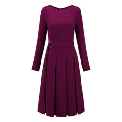Women's Long Sleeve Pleated Dress Crew Neck Belted -Fashion Clothing Store 7807149 Purple
