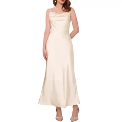 Women's Satin Spaghetti Strap Cowl Neck Midi Dresses Ruched Evening Cocktail Sleeveless Midi Dress