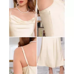 Women's Satin Spaghetti Strap Cowl Neck Midi Dresses Ruched Evening Cocktail Sleeveless Midi Dress -Fashion Clothing Store 7807150 ALT3