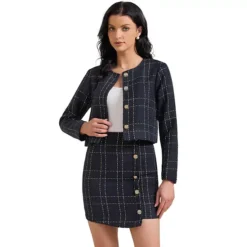Women's 2 Piece Skirt Set Plaid Tweed Blazer Button Down Long Sleeve Jacket Mini Skirt Sets 11 Women's 2 Piece Skirt Set Plaid Tweed Blazer Button Down Long Sleeve Jacket Mini Skirt Sets -Fashion Clothing Store 7807151 Dark Blue