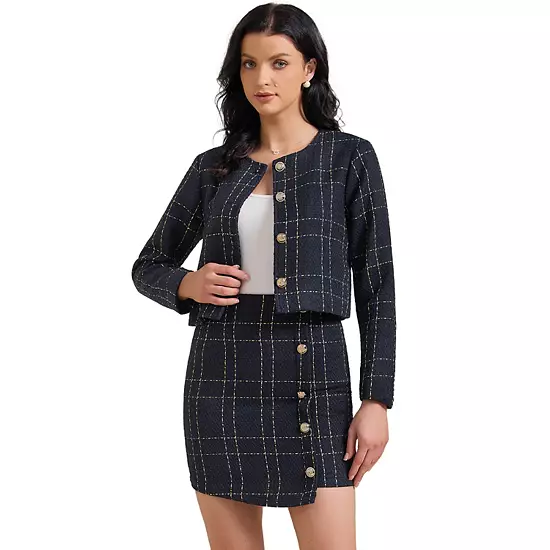 Women's 2 Piece Skirt Set Plaid Tweed Blazer Button Down Long Sleeve Jacket Mini Skirt Sets 6 Women's 2 Piece Skirt Set Plaid Tweed Blazer Button Down Long Sleeve Jacket Mini Skirt Sets - Image 6