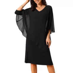 Women's Chiffon Cape Overlay Bodycon Dresses 3/4 Sleeve V Neck Pencil Dress Wedding Guest Outfits