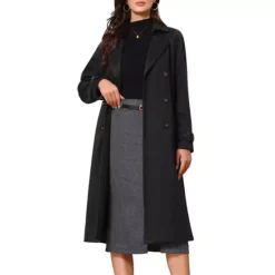 Double Breasted Coat For Women's Notched Lapel Long Sleeve Belted Winter Long Overcoat
