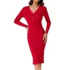 Women's Knitted Dress V Neck Solid Color Long Sleeves Buttons Slim Fitted Sweater Dresses