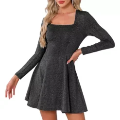 Sparkly Square Neck Party Dress For Women's Long Sleeve Cocktail Club A-Line Evening Dress 13 Sparkly Square Neck Party Dress For Women's Long Sleeve Cocktail Club A-Line Evening Dress -Fashion Clothing Store 7807162 Black