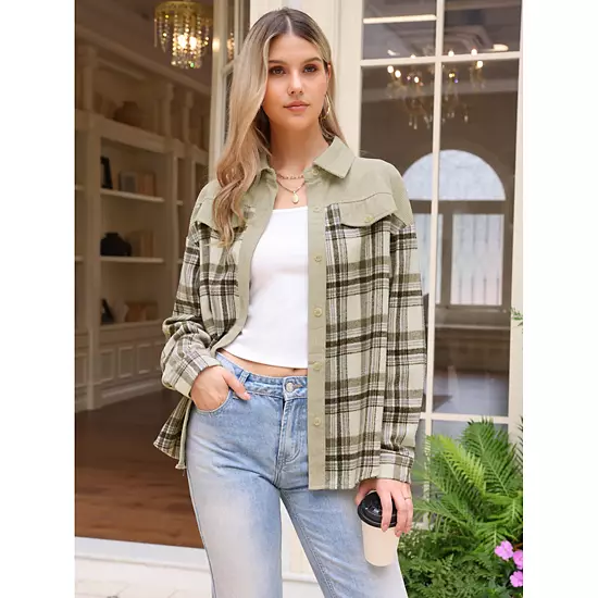 Corduroy Jacket For Women's Flannel Shacket Plaid Button Down Shirts Casual Jackets 3 Corduroy Jacket For Women's Flannel Shacket Plaid Button Down Shirts Casual Jackets - Image 3