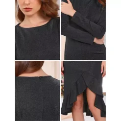 Women's Glitter Party Dress Crew Neck Long Sleeve Ruffles High Low Split Dress -Fashion Clothing Store 7807168 ALT3