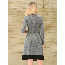 Women's A-Line Tweed Dress Long Sleeve Pleated Hem Belted Elegant Work Flare Dresses -Fashion Clothing Store 7807171 ALT2