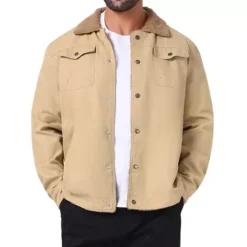 Men's Winter Coat Collared Button Front Fleece Lining Cargo Trucker Jacket -Fashion Clothing Store 7807688 Beige