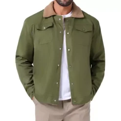 Men's Winter Coat Collared Button Front Fleece Lining Cargo Trucker Jacket -Fashion Clothing Store 7807688 Olive Green