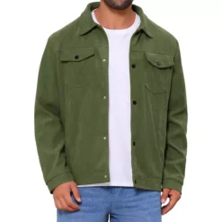 Men's Casual Solid Color Long Sleeve Button Pockets Corduroy Trucker Jacket -Fashion Clothing Store 7807699 Green