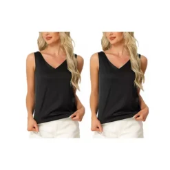 2Pcs Women's Satin Tank Tops Silky Casual Basic V Neck Sleeveless Camisole -Fashion Clothing Store 7807743 Black