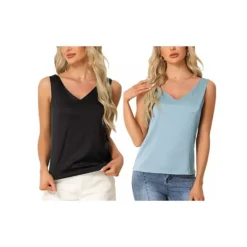 2Pcs Women's Satin Tank Tops Silky Casual Basic V Neck Sleeveless Camisole -Fashion Clothing Store 7807743 Black Blue