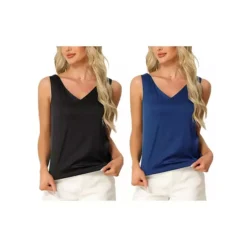 2Pcs Women's Satin Tank Tops Silky Casual Basic V Neck Sleeveless Camisole -Fashion Clothing Store 7807743 Black Navy Blue