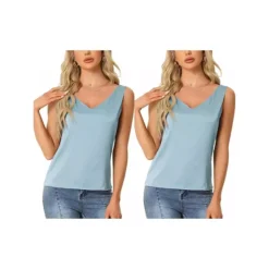 2Pcs Women's Satin Tank Tops Silky Casual Basic V Neck Sleeveless Camisole -Fashion Clothing Store 7807743 Blue