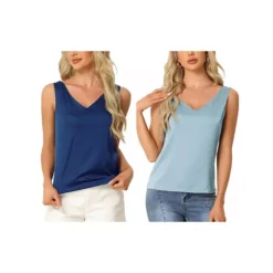 2Pcs Women's Satin Tank Tops Silky Casual Basic V Neck Sleeveless Camisole -Fashion Clothing Store 7807743 Blue Navy Blue