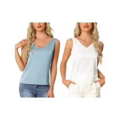 2Pcs Women's Satin Tank Tops Silky Casual Basic V Neck Sleeveless Camisole -Fashion Clothing Store 7807743 White Blue