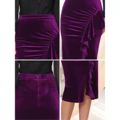 Women's Velvet Skirt Ruched High Waist Bodycon Formal Evening Cocktail Midi Pencil Skirts -Fashion Clothing Store 7809009 ALT3