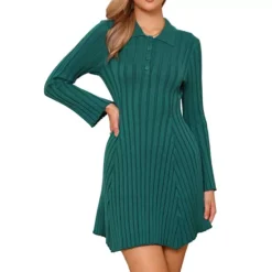 Pleated Sweater Dress For Women's Casual Long Sleeve Knit Shirt Dress -Fashion Clothing Store 7809015 Dark Green
