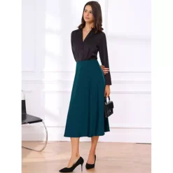 Satin Midi Skirt For Women's High Waist A-Line Elasticized Waistband Flared Dressy Casual Skirts -Fashion Clothing Store 7809024 ALT3