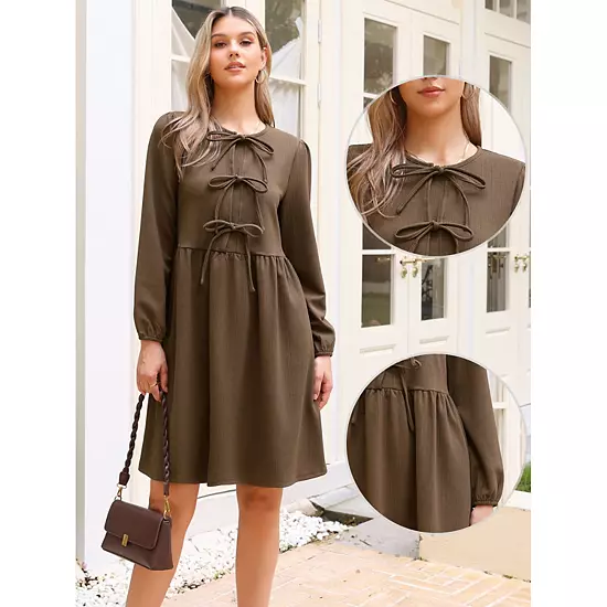 Fall Babydoll Dress For Women Casual Long Sleeve Self Tie Bow Cute Tunic Dresses 2 Fall Babydoll Dress For Women Casual Long Sleeve Self Tie Bow Cute Tunic Dresses - Image 2