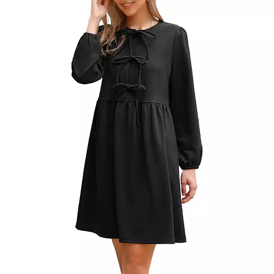 Fall Babydoll Dress For Women Casual Long Sleeve Self Tie Bow Cute Tunic Dresses 1 Fall Babydoll Dress For Women Casual Long Sleeve Self Tie Bow Cute Tunic Dresses