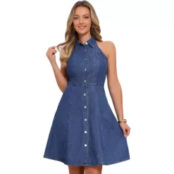 Denim Dresses For Women's Lightweight Casual Jeans Halter Neck Dresses