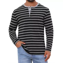 Men's Casual Long Sleeve Contrasting Colors Striped Henley T-Shirts -Fashion Clothing Store 7811403 Black