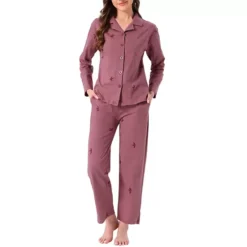 Women's Cotton Pajamas Button Down Long Sleeve Top And Pants 2 Piece Loungewear Sets With Pockets 15 Women's Cotton Pajamas Button Down Long Sleeve Top And Pants 2 Piece Loungewear Sets With Pockets -Fashion Clothing Store 7811414 Dusty Rose Birds
