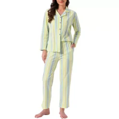 Women's Cotton Pajamas Button Down Long Sleeve Top And Pants 2 Piece Loungewear Sets With Pockets 13 Women's Cotton Pajamas Button Down Long Sleeve Top And Pants 2 Piece Loungewear Sets With Pockets -Fashion Clothing Store 7811414 Yellow Stripe 1