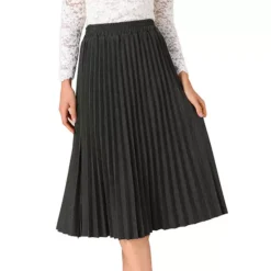 Women's Pleated Midi Skirt Elastic High Waist A-Line Swing Casual Flowy Long Skirts -Fashion Clothing Store 7811422 Dark Grey