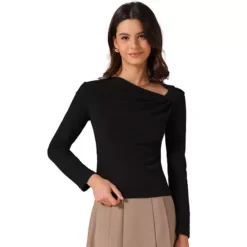 Women's Long Sleeve Tops Casual Fitted Asymmetric Neck Knot Ruched Top -Fashion Clothing Store 7811425 Black
