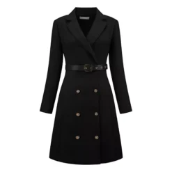 Women's Tweed Dress Double Breasted Long Sleeve Blazer Dress With Belt -Fashion Clothing Store 7811426 Black