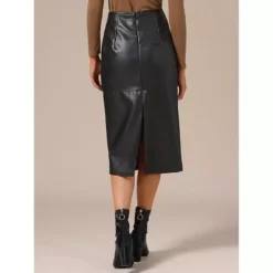 Women's PU Leather Midi Skirts Party High Waist Split Back Bodycon Pencil Skirt -Fashion Clothing Store 7811428 ALT2
