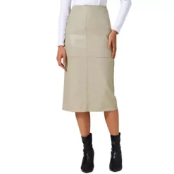 Women's PU Leather Midi Skirts Party High Waist Split Back Bodycon Pencil Skirt -Fashion Clothing Store 7811428 Beige 1