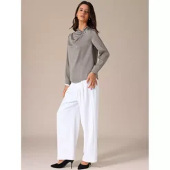 Women's Satin Blouses Casual Pleated Puffy Long Sleeve Shirts Dressy Office Work Shirt -Fashion Clothing Store 7811444 ALT2