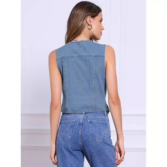 Sleeveless Denim Vest For Women's Button V Neck Jean Waistcoat Jacket 2 Sleeveless Denim Vest For Women's Button V Neck Jean Waistcoat Jacket - Image 2