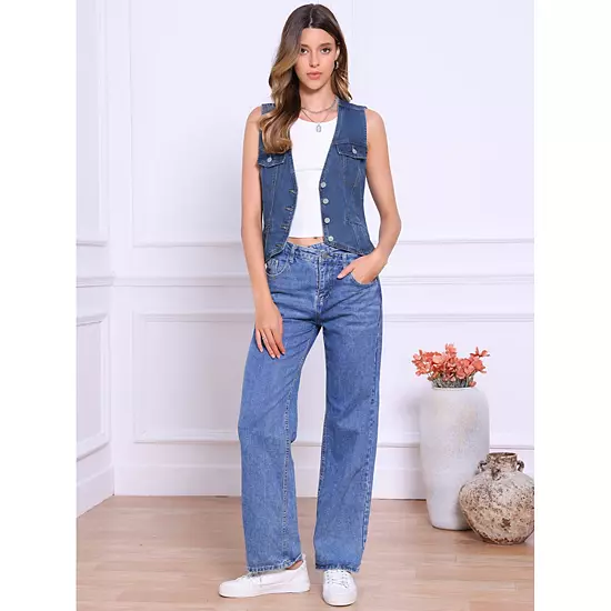 Sleeveless Denim Vest For Women's Button V Neck Jean Waistcoat Jacket 3 Sleeveless Denim Vest For Women's Button V Neck Jean Waistcoat Jacket - Image 3