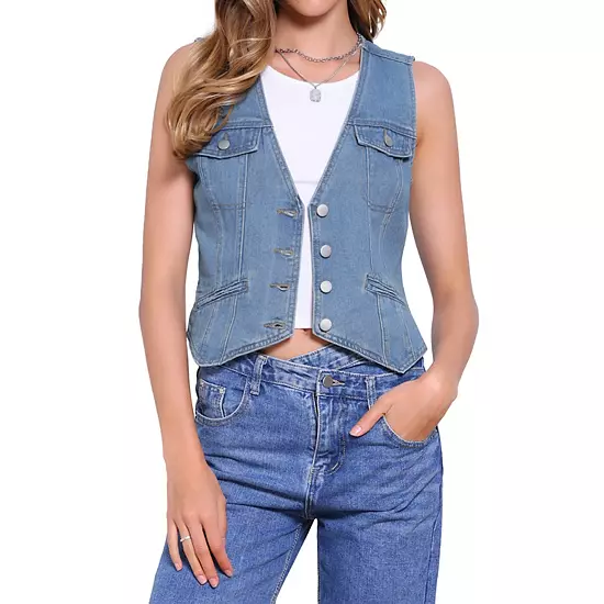 Sleeveless Denim Vest For Women's Button V Neck Jean Waistcoat Jacket 1 Sleeveless Denim Vest For Women's Button V Neck Jean Waistcoat Jacket